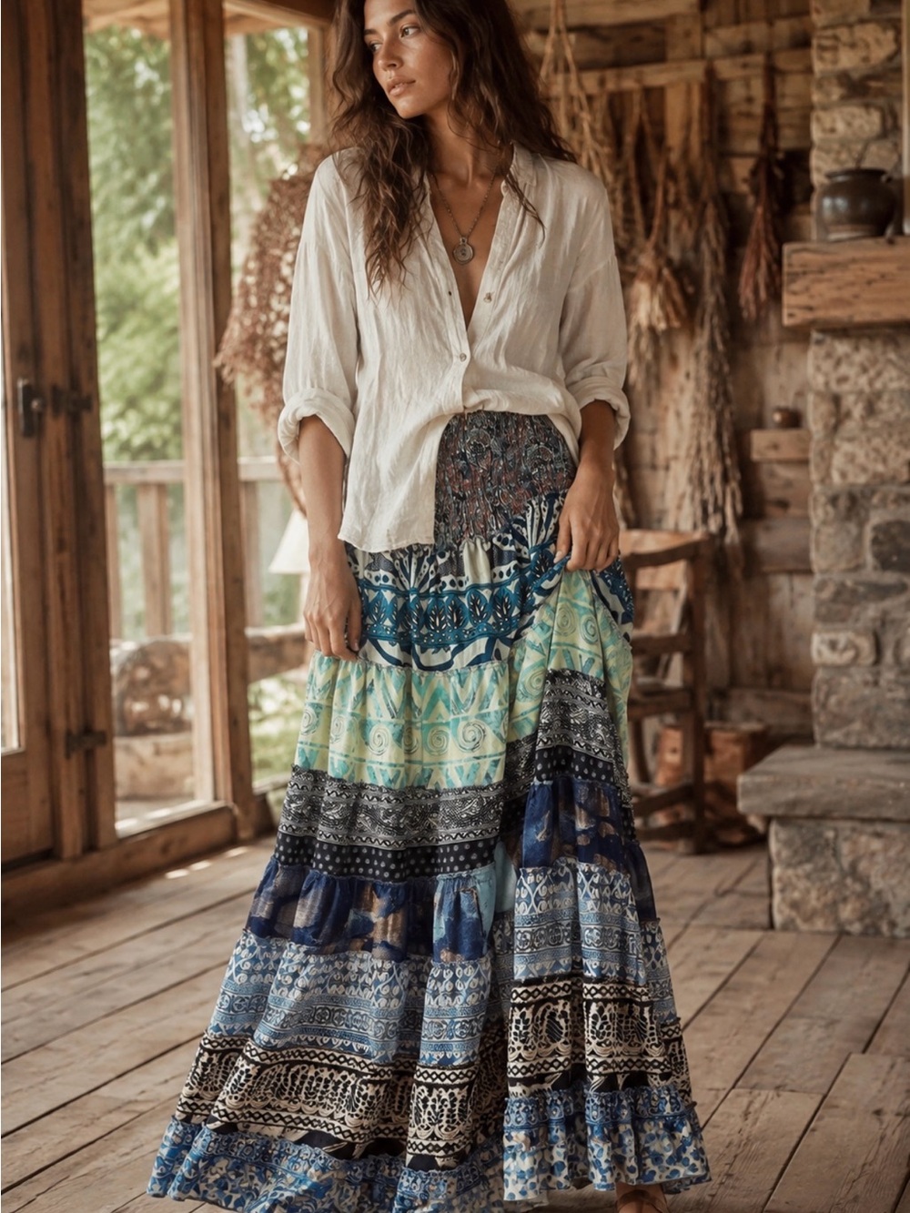 Recycled Silk Blend Floral Patchwork Tiered Ruffle Skirt Free Size Gypsy Boho